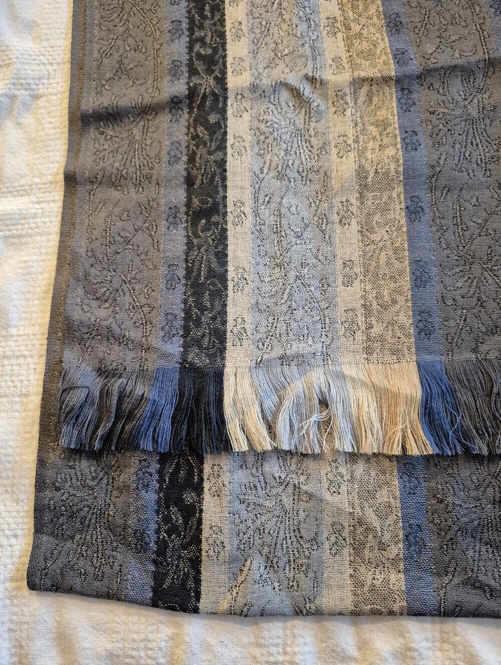 Moksha fine wovens 100% pure new wool, dry clean only blues tan gray striped NWT - Picture 3 of 8